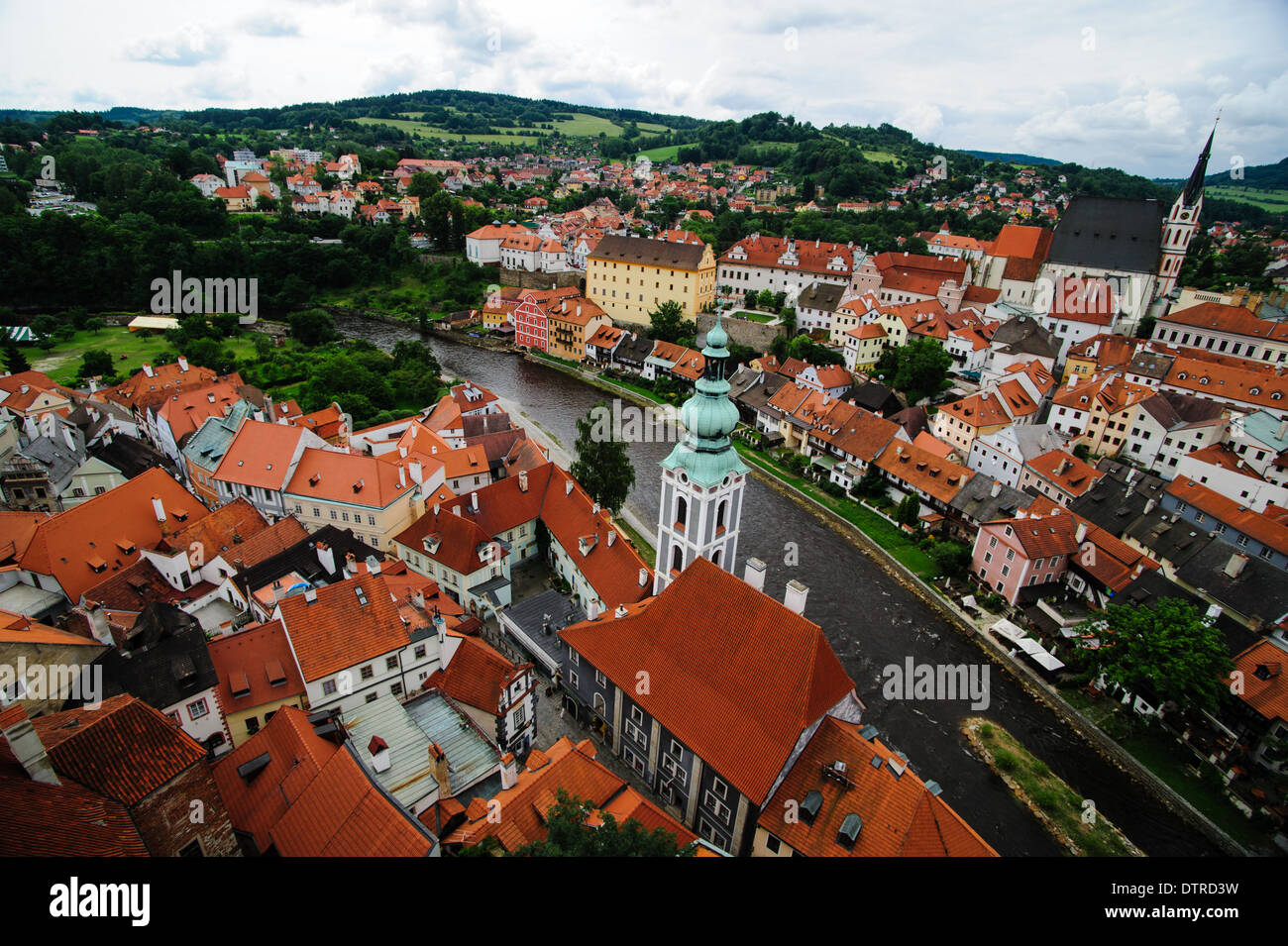 A panoramic view of Cesky Krumlov with white clouds on the horizont, fish-eye effect Stock Photo