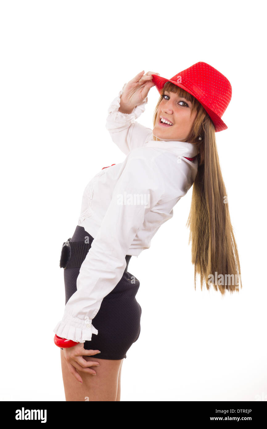 attractive female model with the red hat smiling Stock Photo
