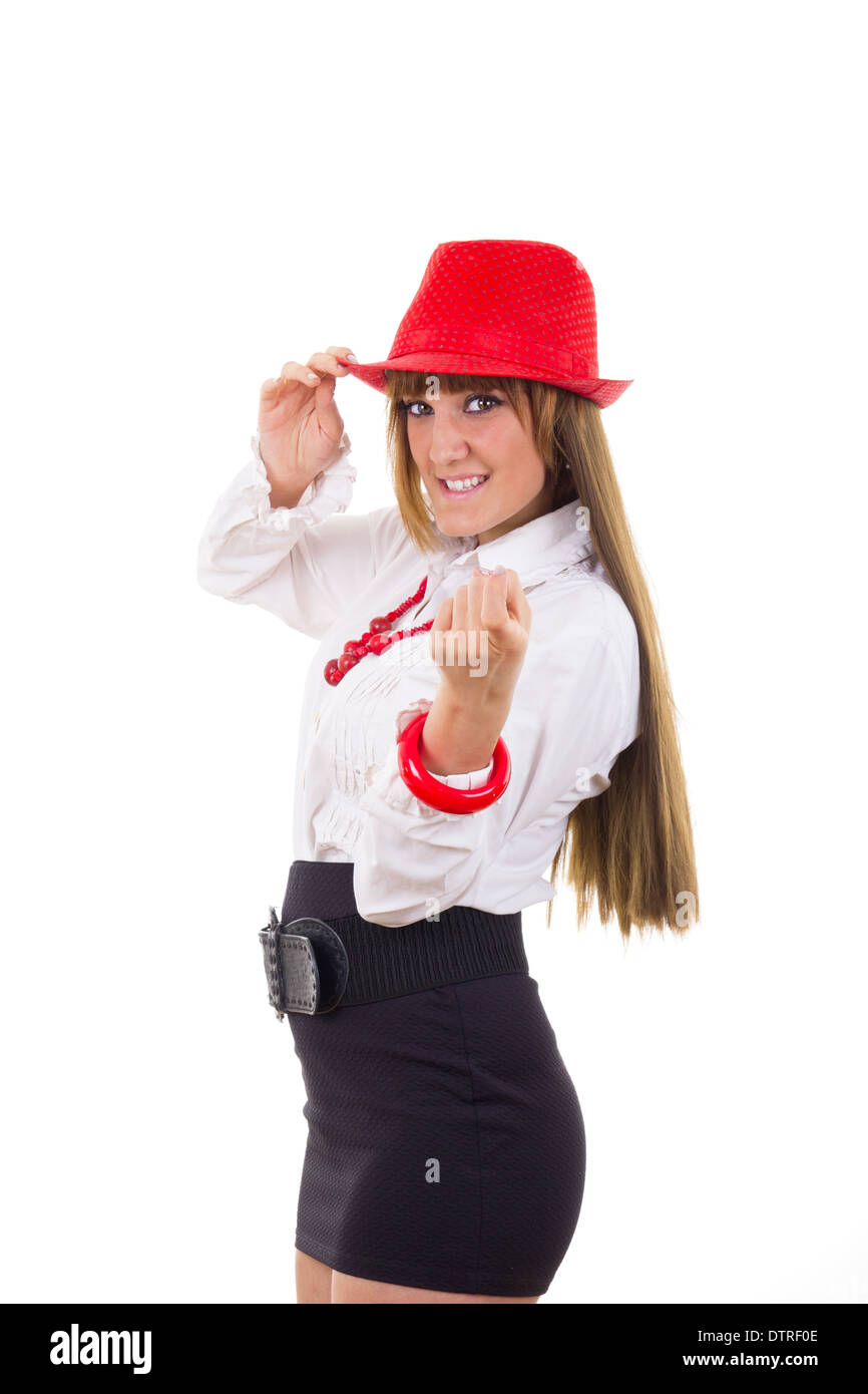 smiling pretty girl with the red hat calling you to come Stock Photo
