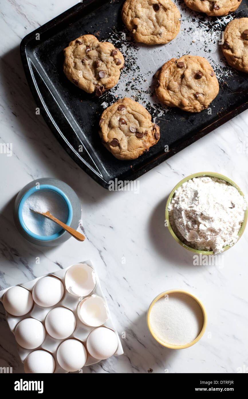 Chocolate chip cookies on pan Stock Photo Alamy
