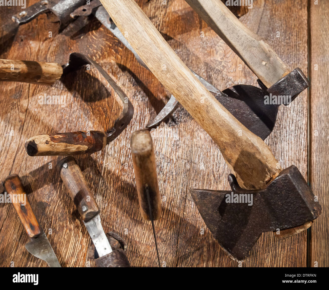 Group of different old Russian tools for woodworking Stock Photo