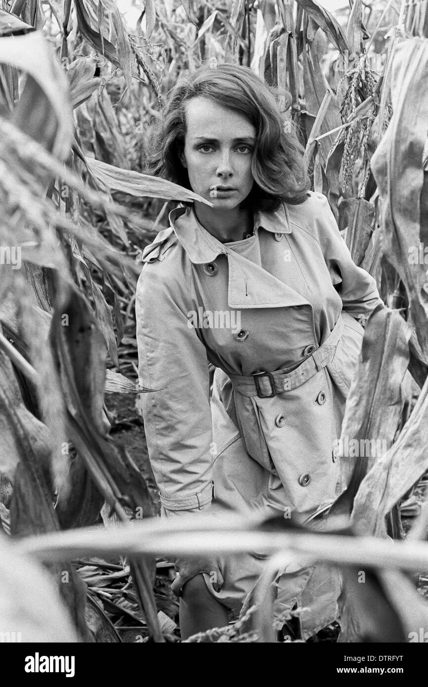 Sixties fashion model with raincoat posing in a maize field Stock Photo