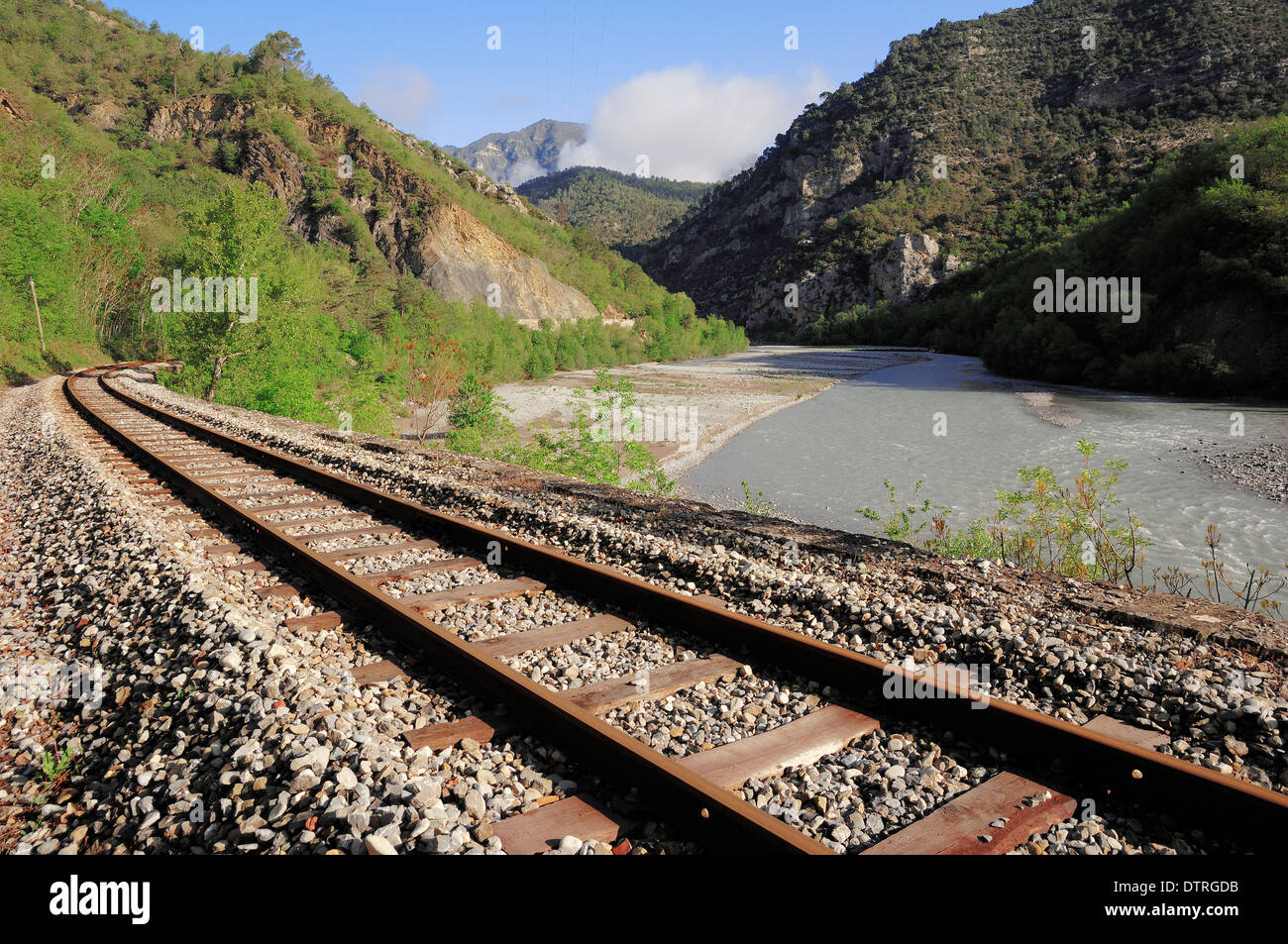 Railroad tracks and river Var, Alpes-de-Haute-Provence, Provence-Alpes-Cote d'Azur, Southern France Stock Photo