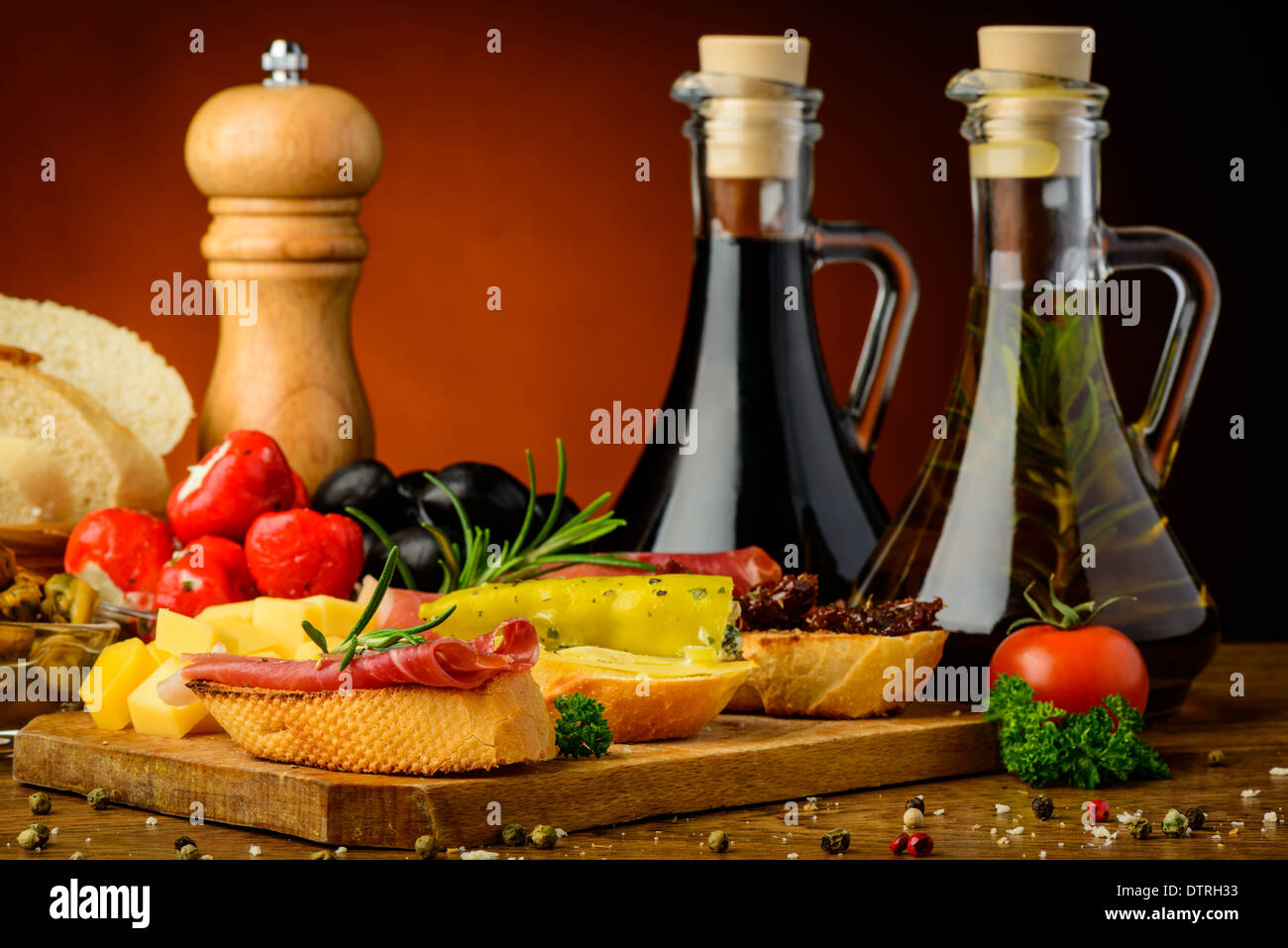 still life with spanish tapas, spices and seasoning Stock Photo