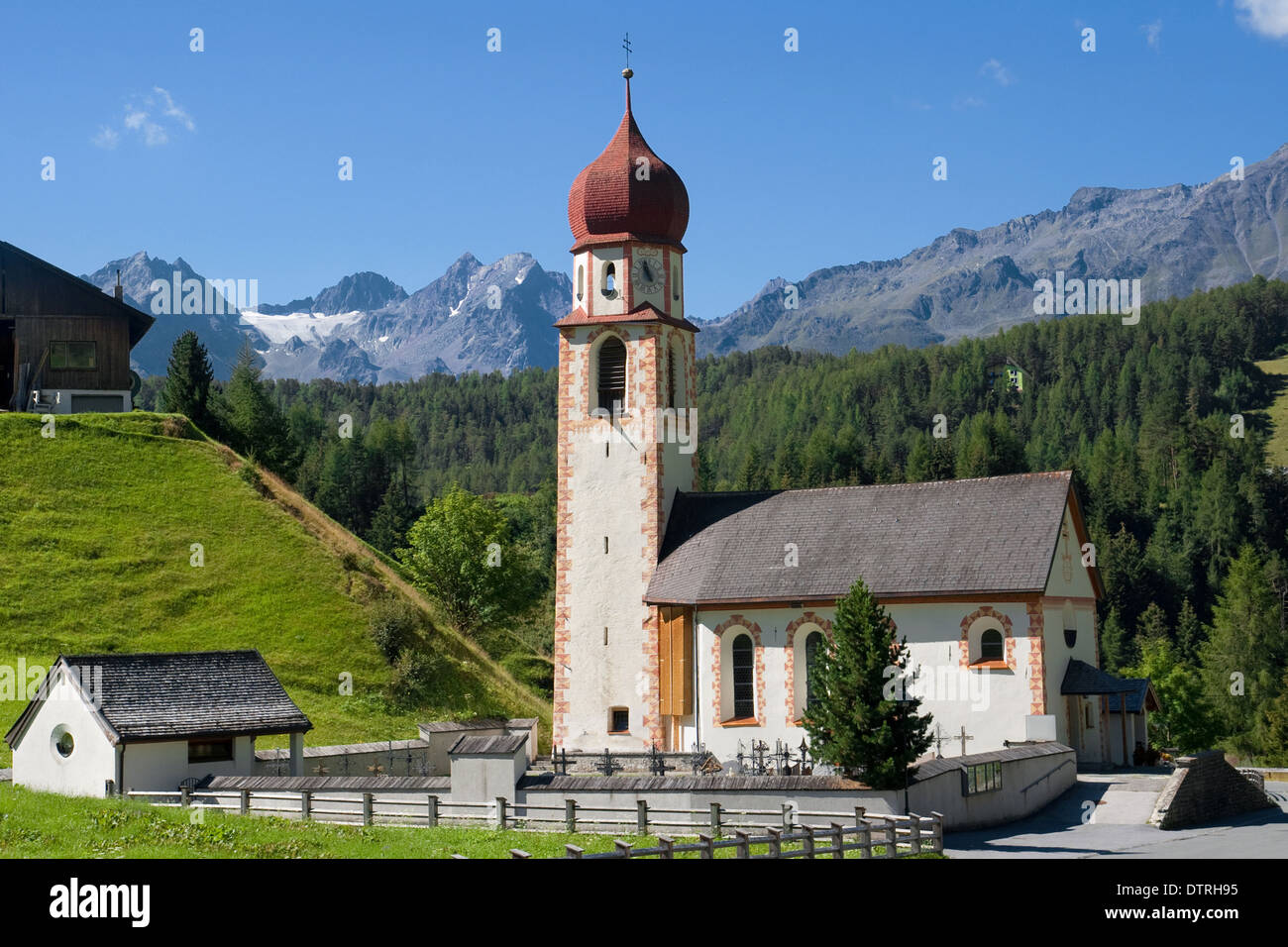 Picturesque church of St Antonius with its onion dome in Niederthai, Otztal Valley, Tirol, Austria. Stock Photo