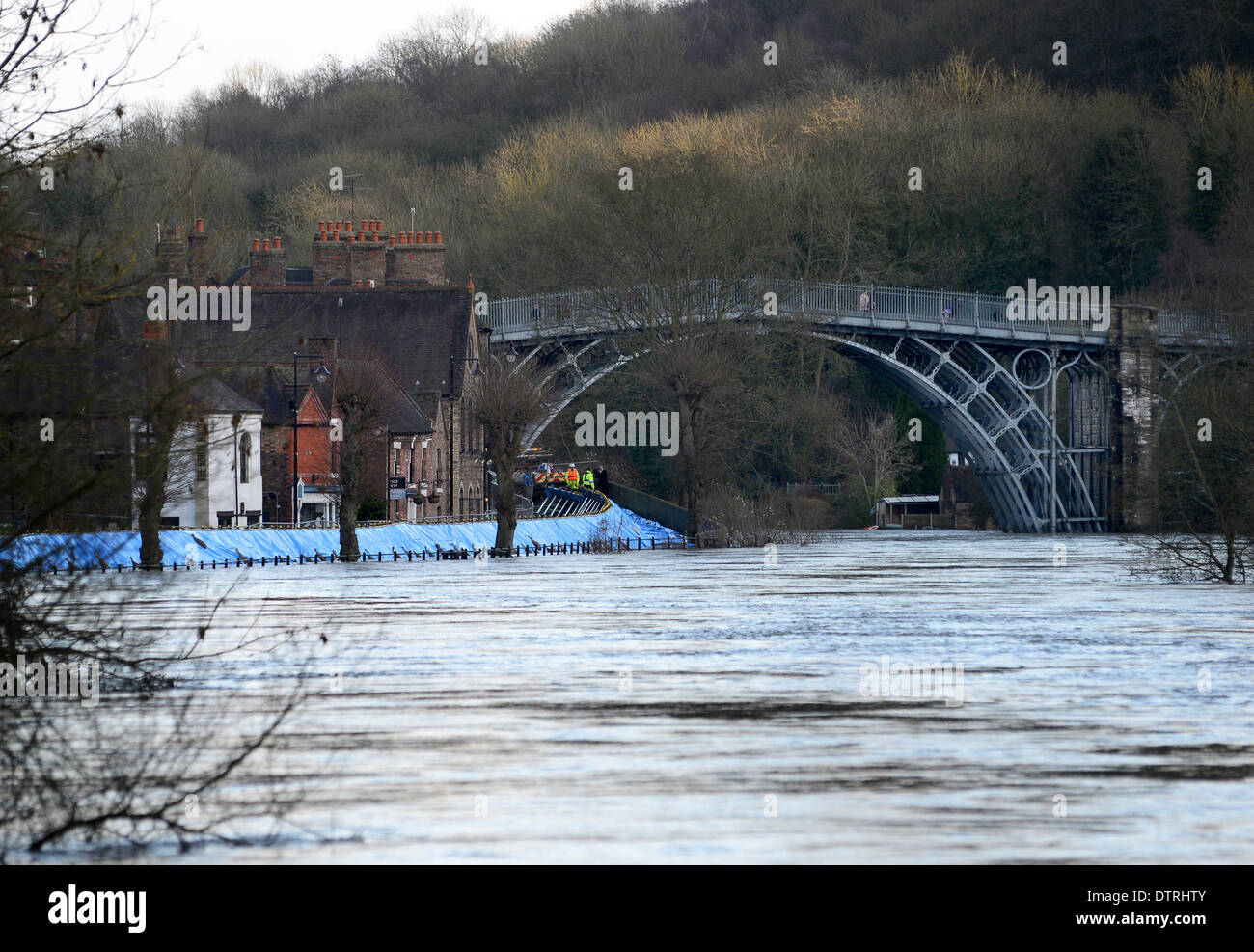 Flood barriers in Ironbridge Shropshire Uk defending the town from the River Severn Stock Photo