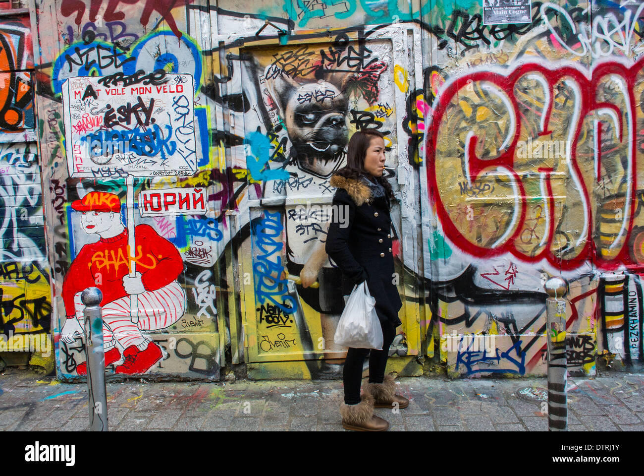 Paris, France., French Wall Urban Art, Graffitti Painting Illustration, in Belleville Area, vibrant modern art avant garde paris, Street Art, Paris neighbourhood Stock Photo
