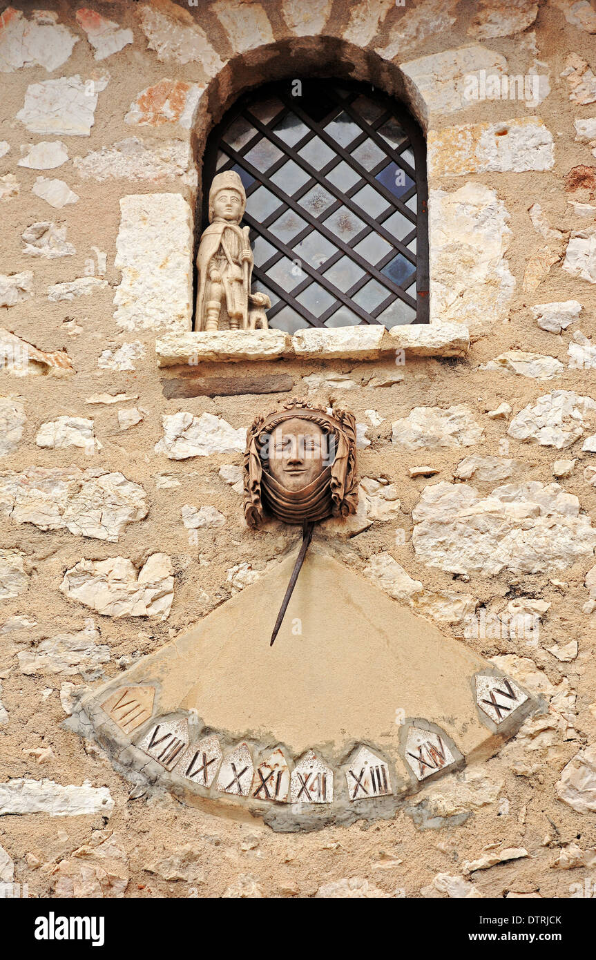 Sundial at house front, Gourdon, Alpes-Maritimes, Provence-Alpes-Cote d'Azur, Southern France Stock Photo