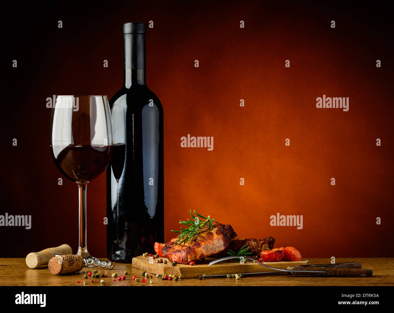 still life with romantic dinner with gourmet grilled steak and red wine Stock Photo