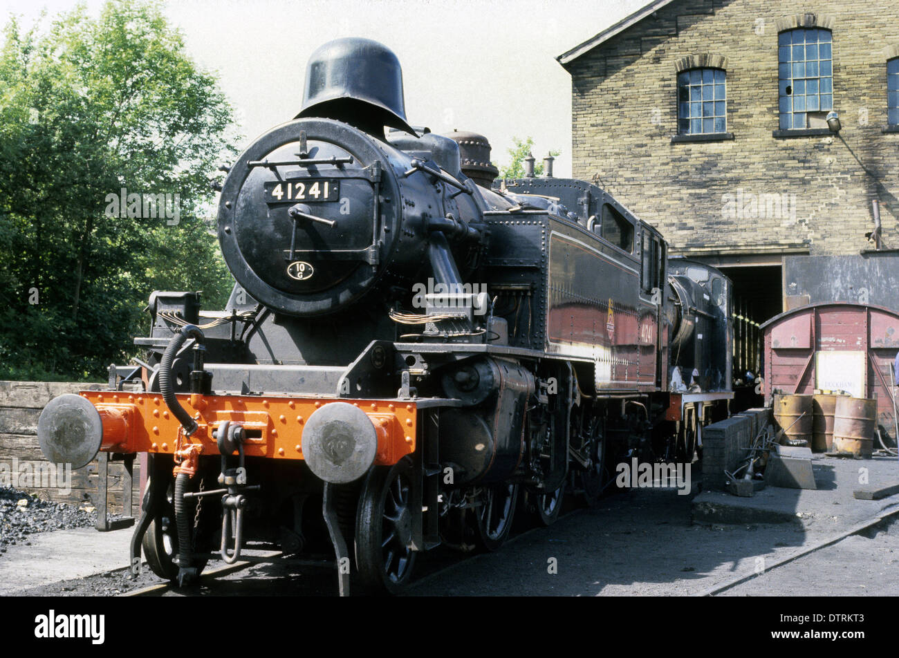 Steam Locomotive an Ivatt 2-6-2T tank engine 41241 at Oakworth on Keighley and Worth Valley Railway in 1981 Stock Photo