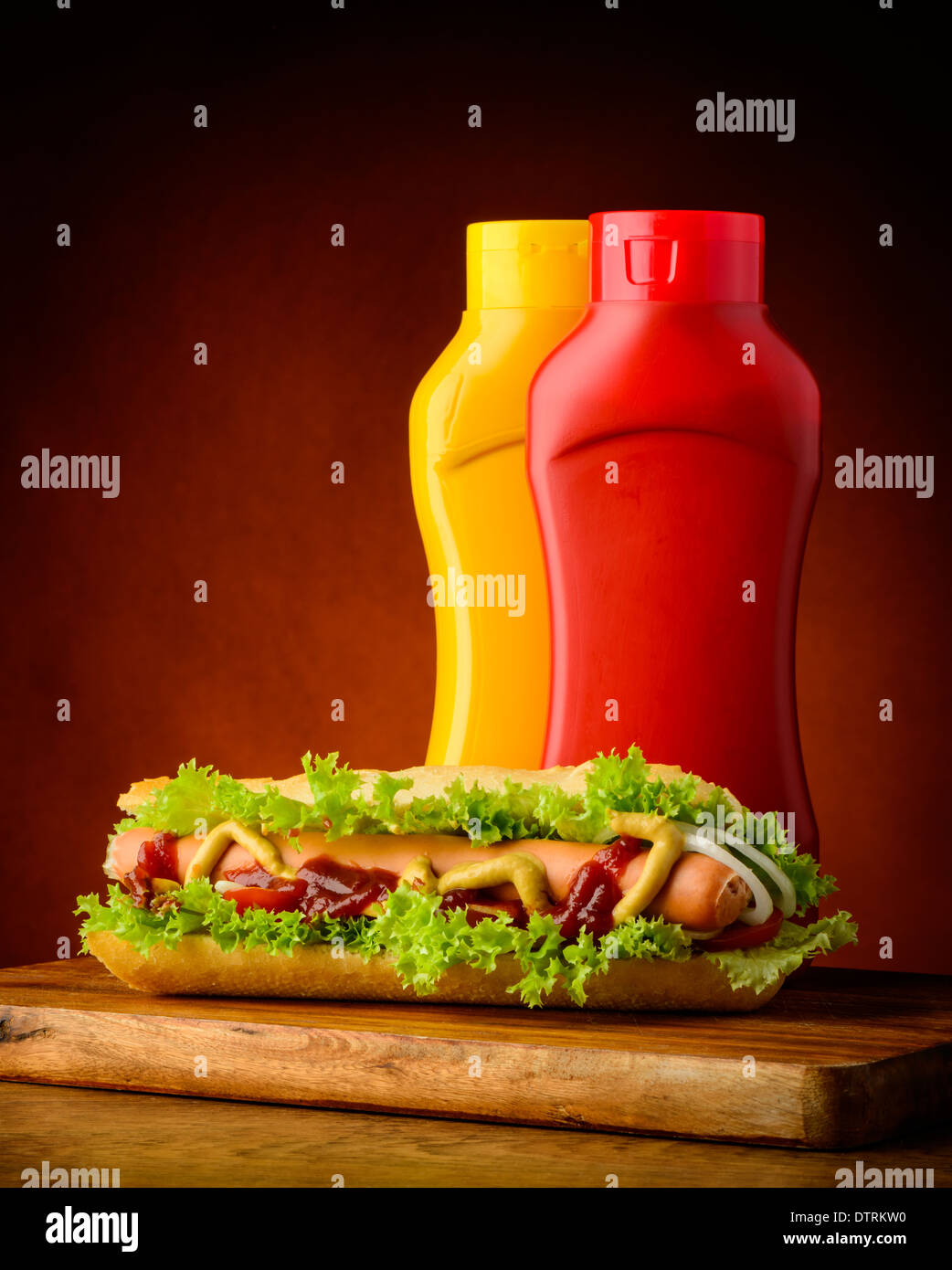 still life with traditional homemade hotdog, ketchup and mustard Stock Photo