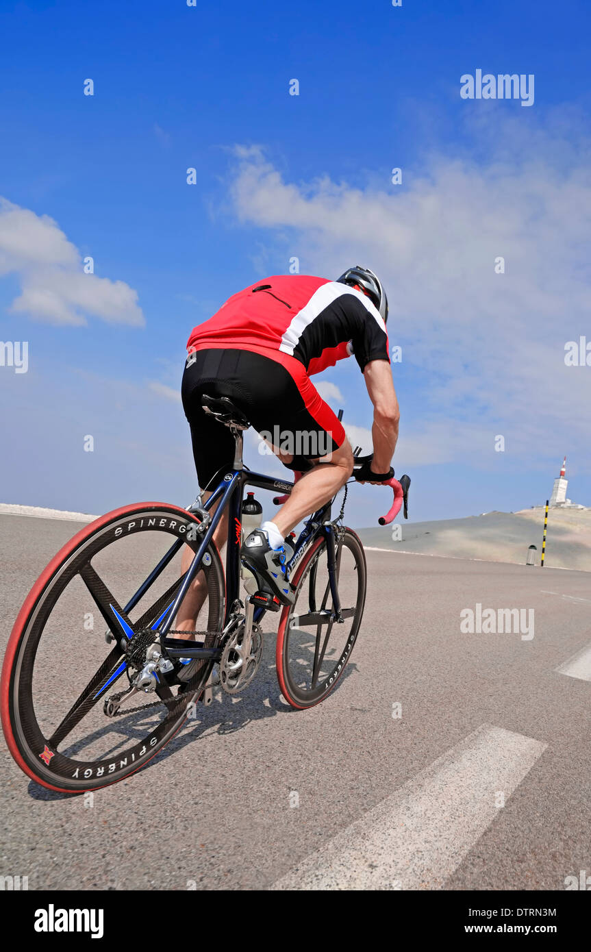 Racing cyclist on the road to the summit of Mont Ventoux, Vaucluse, Provence-Alpes-Cote d'Azur, Southern France Stock Photo