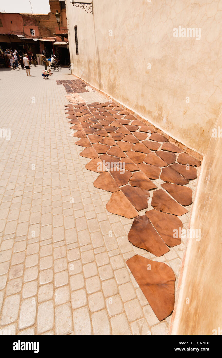 Treated leather drying in the sun in Place de La Kissariat Ben Youssef in Marrakesh, Morocco. Stock Photo