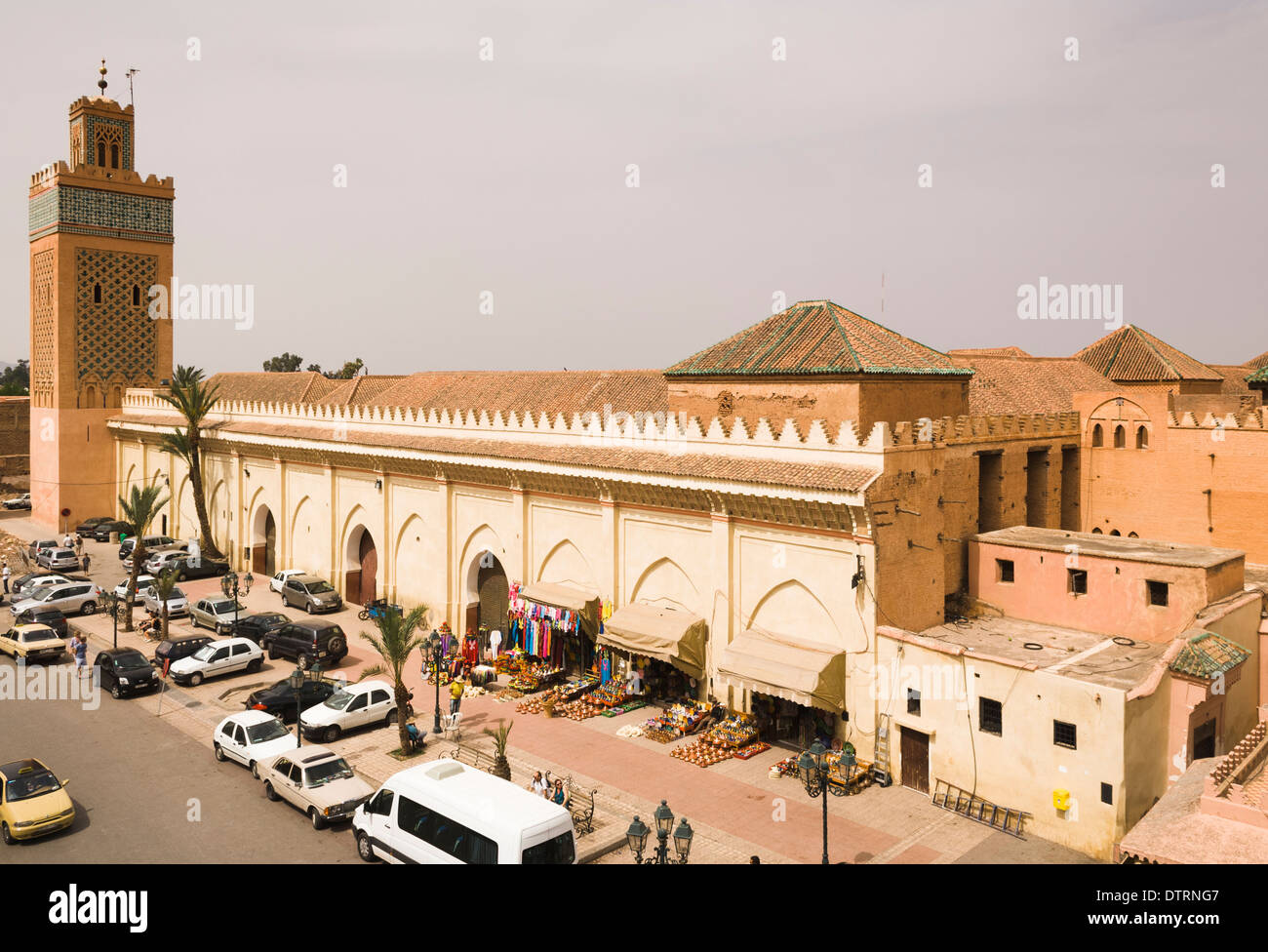 Molay Al Yazid Mosque seen from Cafe Restaurant Nid Cigogne in the Medina of Marrakesh, Morocco. Stock Photo