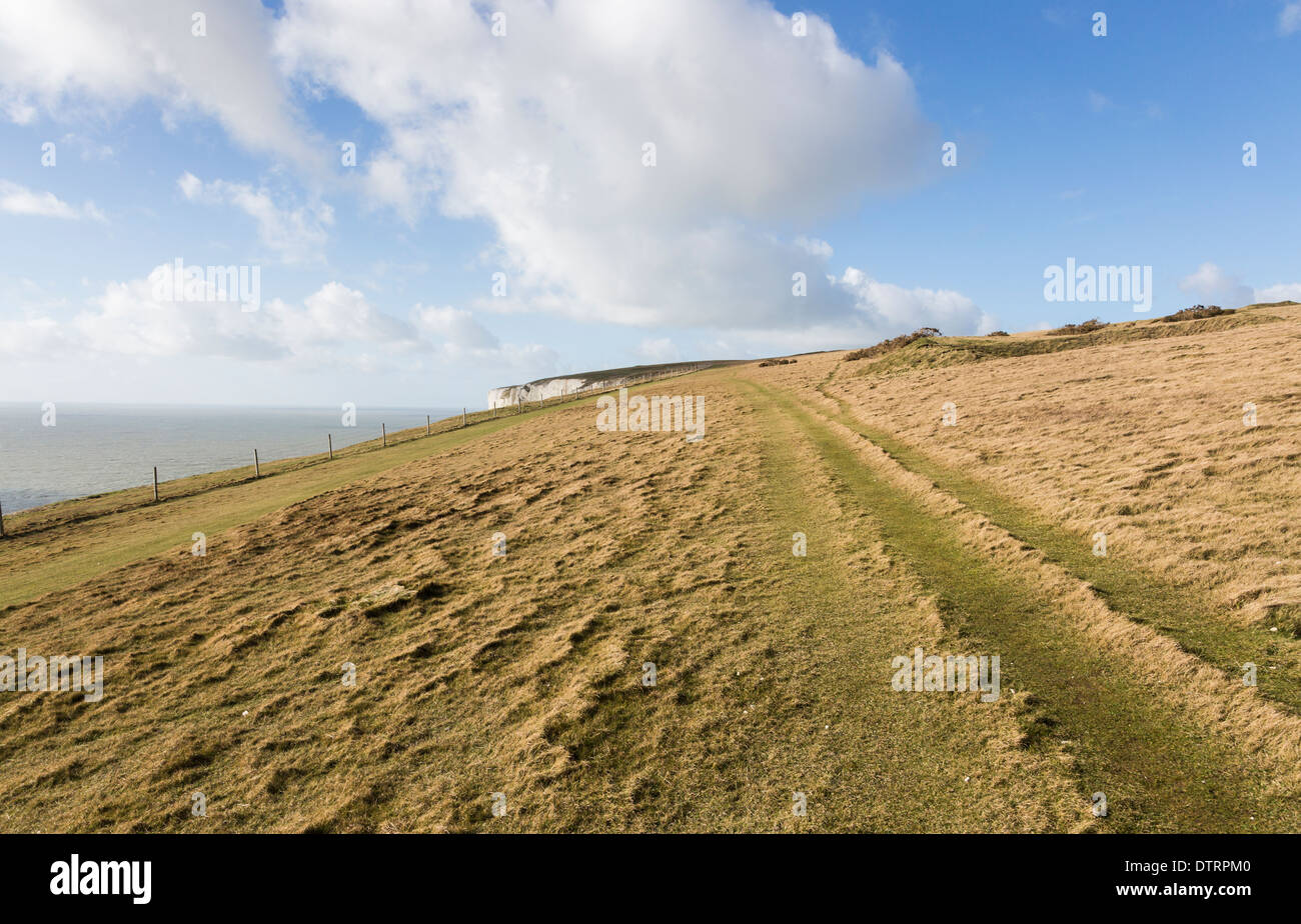Tennyson Down, chalk downland above the cliffs on the shore of The Needles Country Park, Isle of Wight, UK in good weather Stock Photo