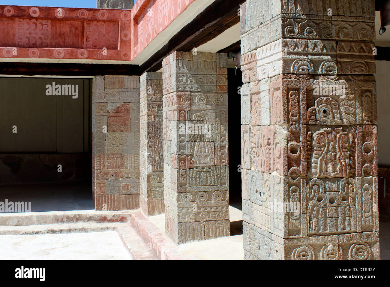 Pillars in the patio of the Palace of Quetzal-Papalotl, Teotihuacan Pyramids, Teotihuacan, Mexico - ancient Aztec site Stock Photo