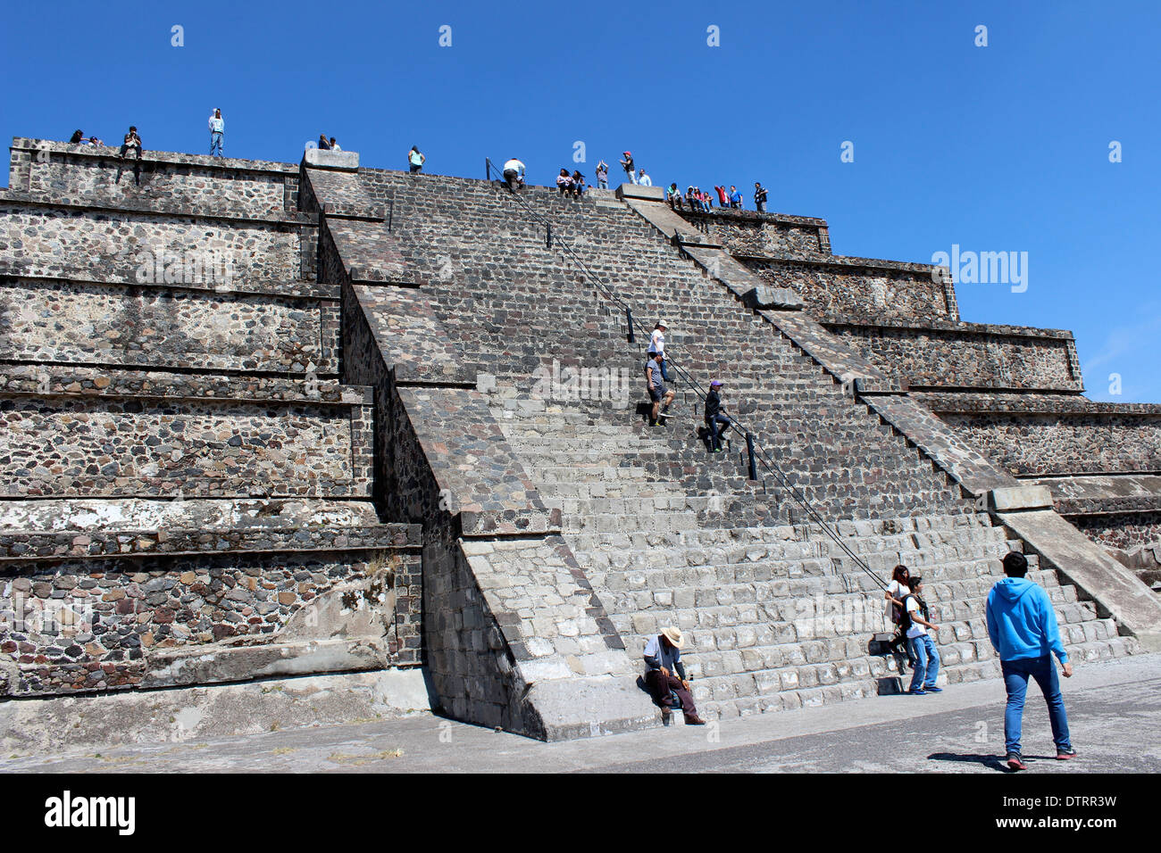 Stone steps leading up the first part of the Moon Pyramid, Teotihuacan Pyramids, Mexico - ancient Aztec site Stock Photo