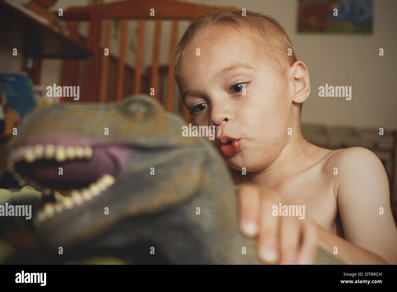 Boy playing with dinosaurs Stock Photo