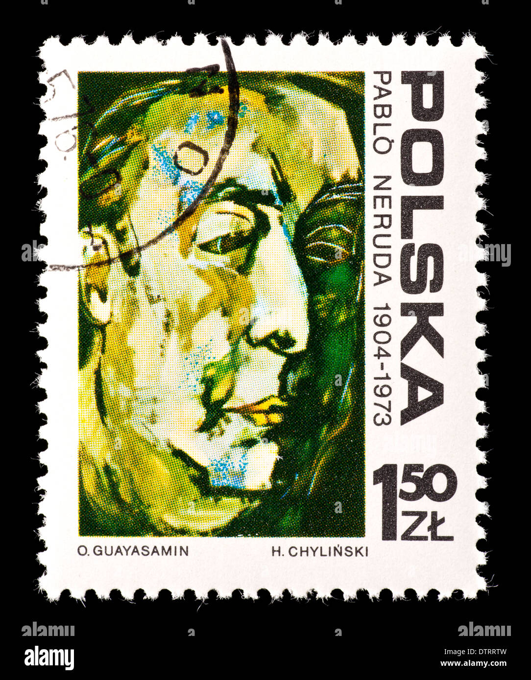 Postage stamp from Poland depicting a painting of Pablo Neruda by Osvaldo Guayasamin. Stock Photo