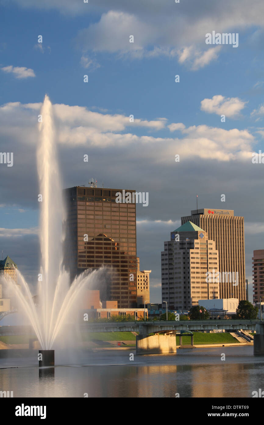 Water Fountain in River and Cityscape of Dayton, Ohio, USA Stock Photo