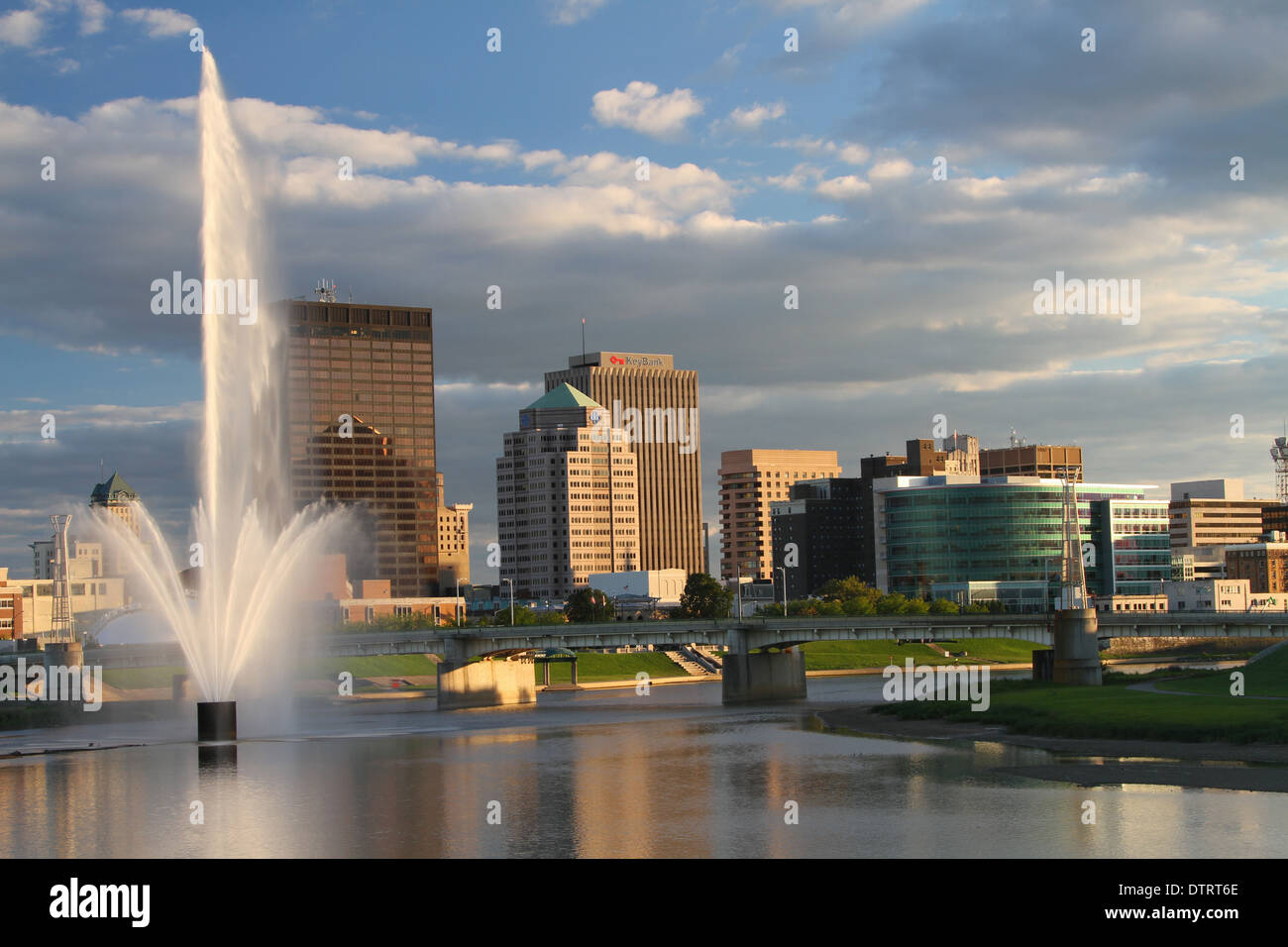 Water Fountain in River and Cityscape of Dayton, Ohio, USA. Stock Photo