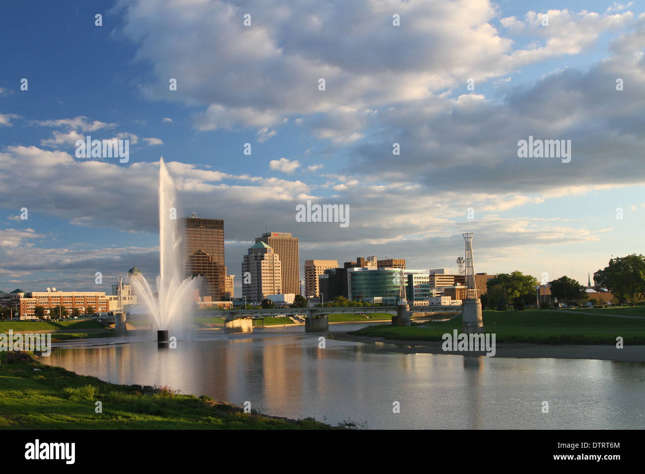 Water Fountain in River and Cityscape of Dayton, Ohio, USA Stock Photo