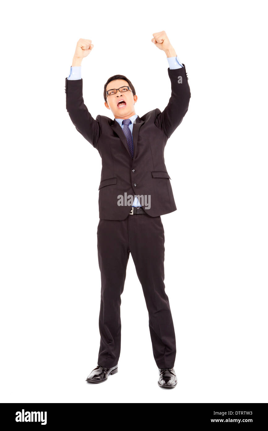 happy businessman raised up and shout loudly in studio Stock Photo