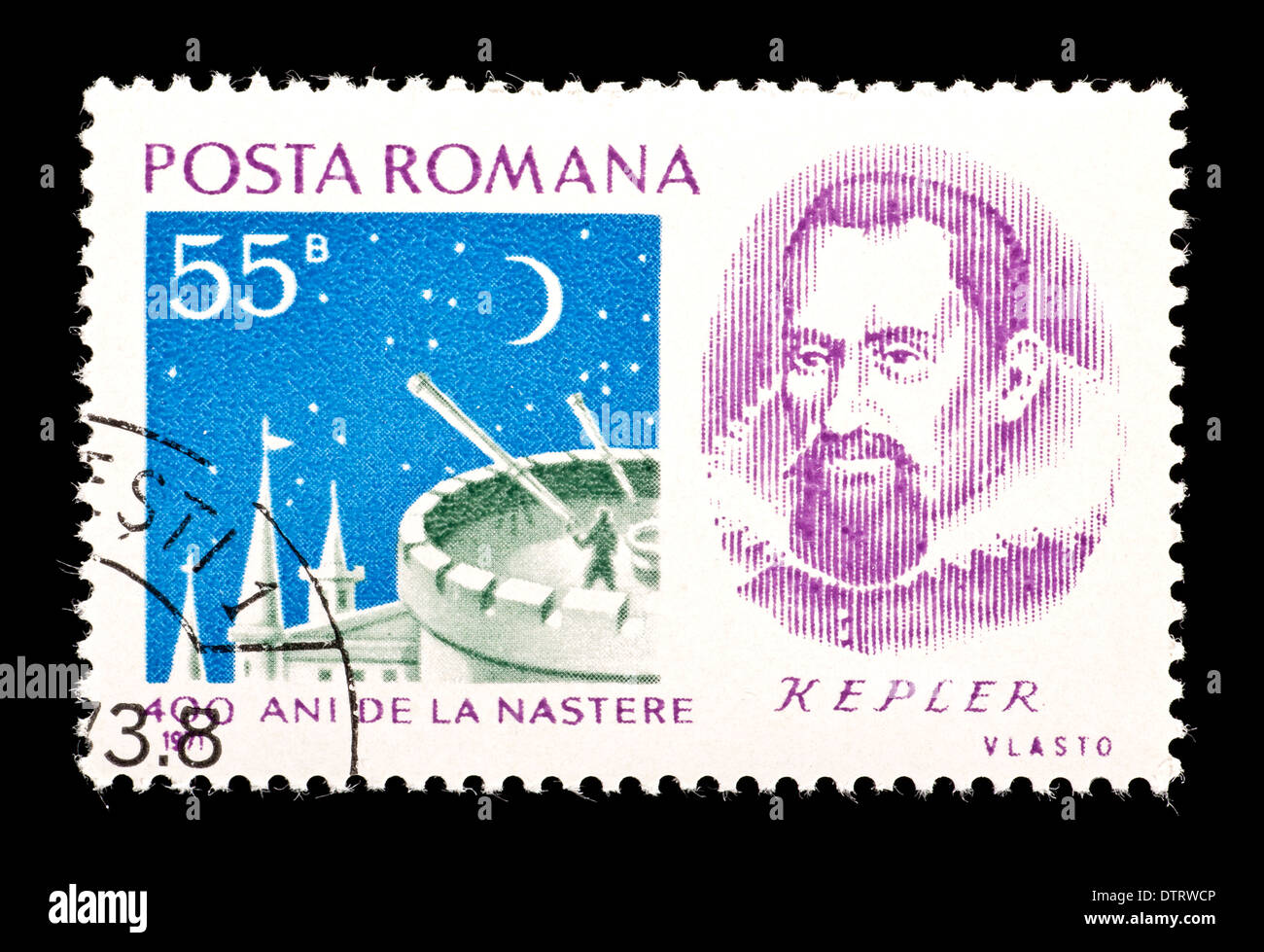 Postage stamp from Romania depicting Johannes Kepler and astronomical observation tower. Stock Photo