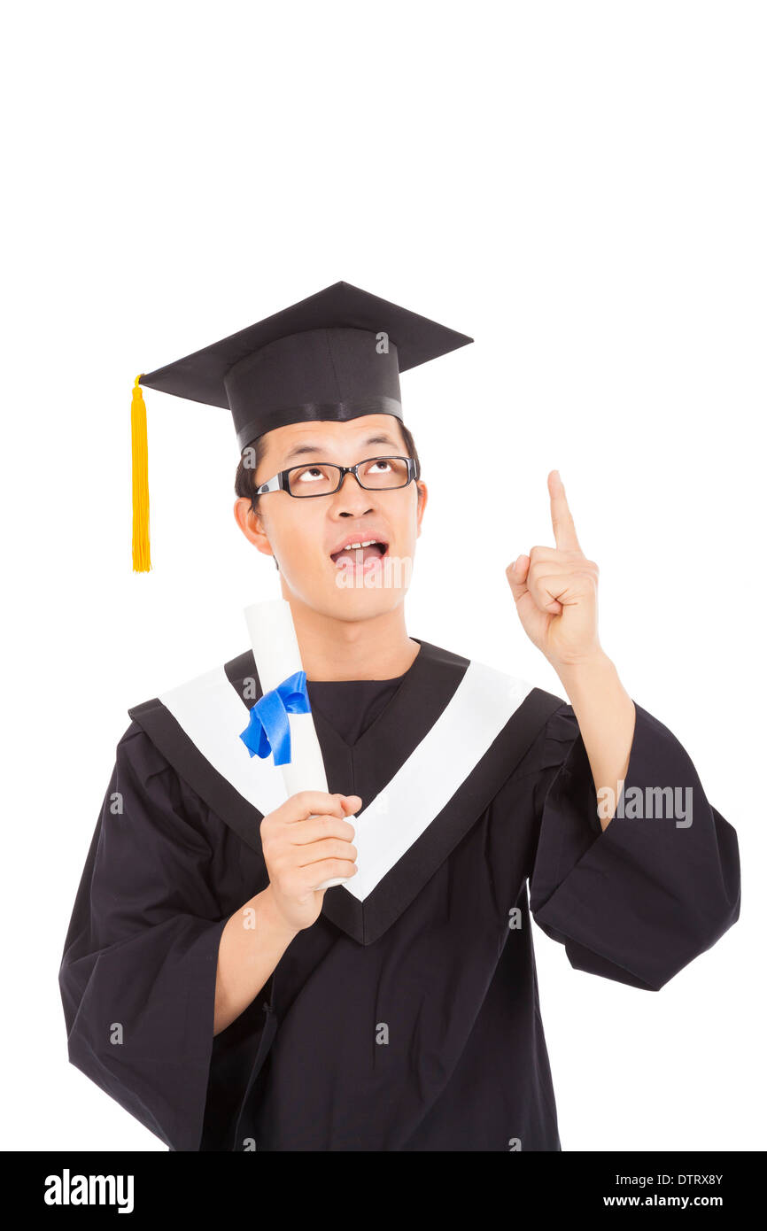 graduation student thinking some ideas and holding diploma in studio Stock Photo