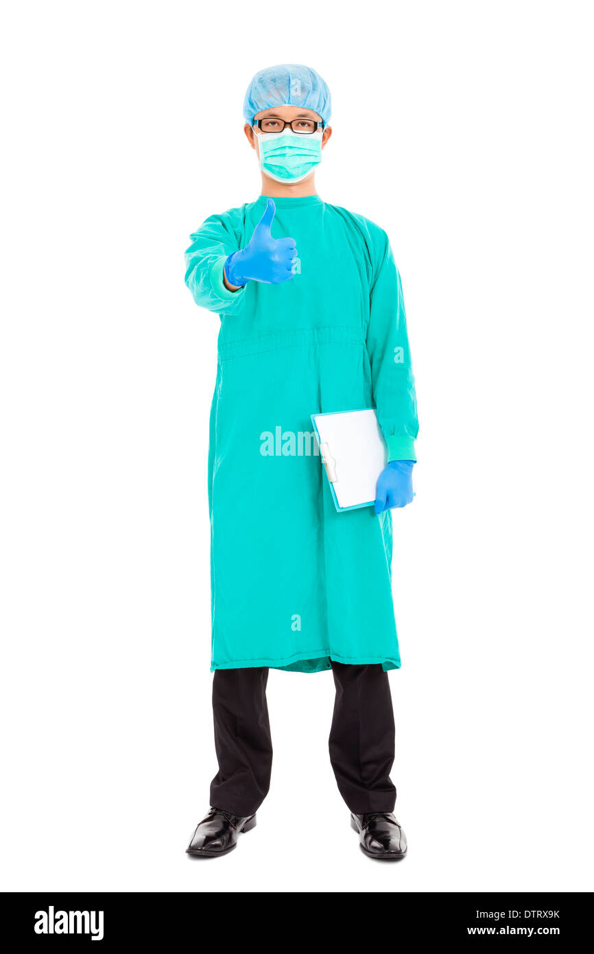 surgeon or checker thumb up  and standing over white Stock Photo