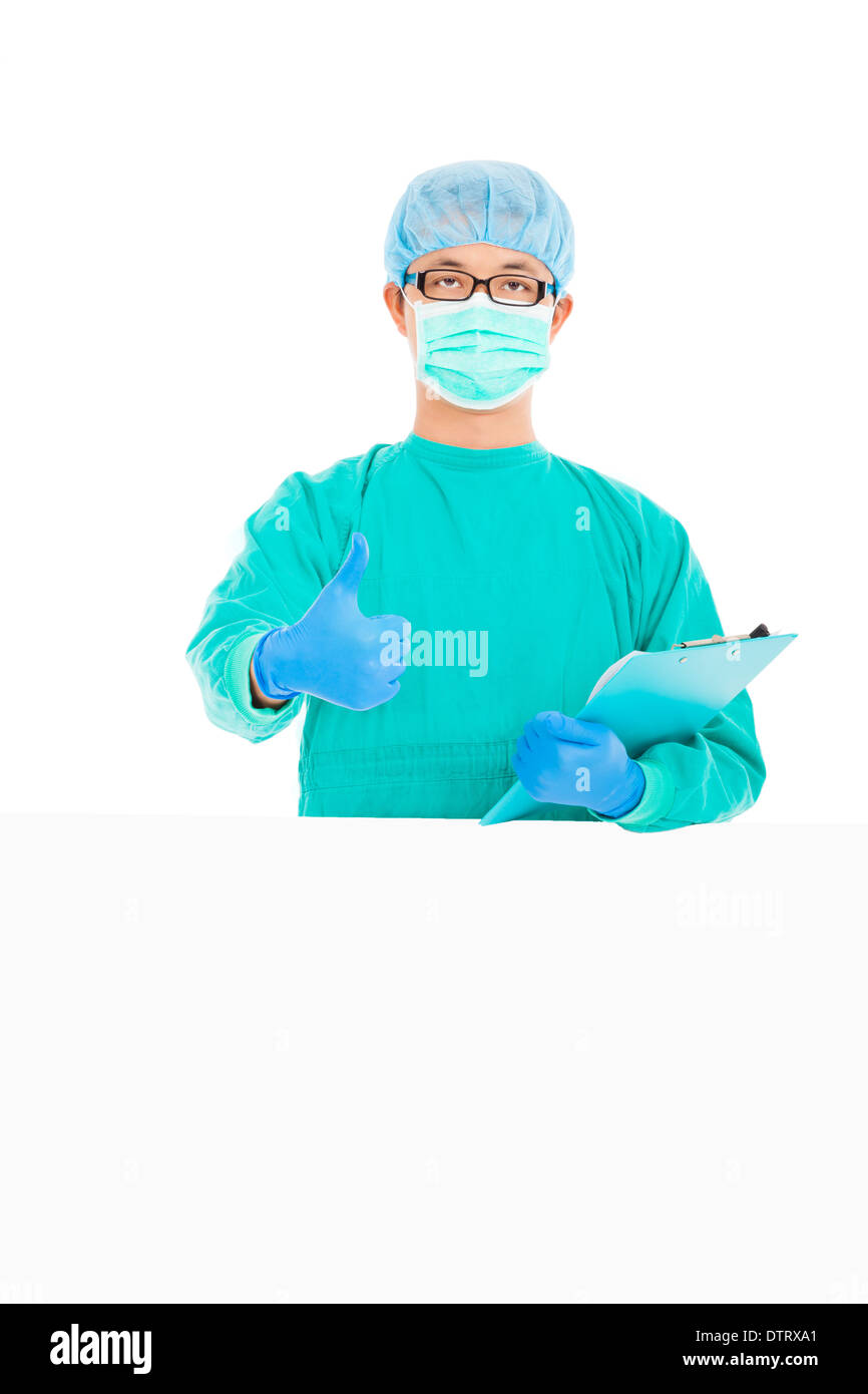 surgeon or checker thumb up  with white board in studio Stock Photo