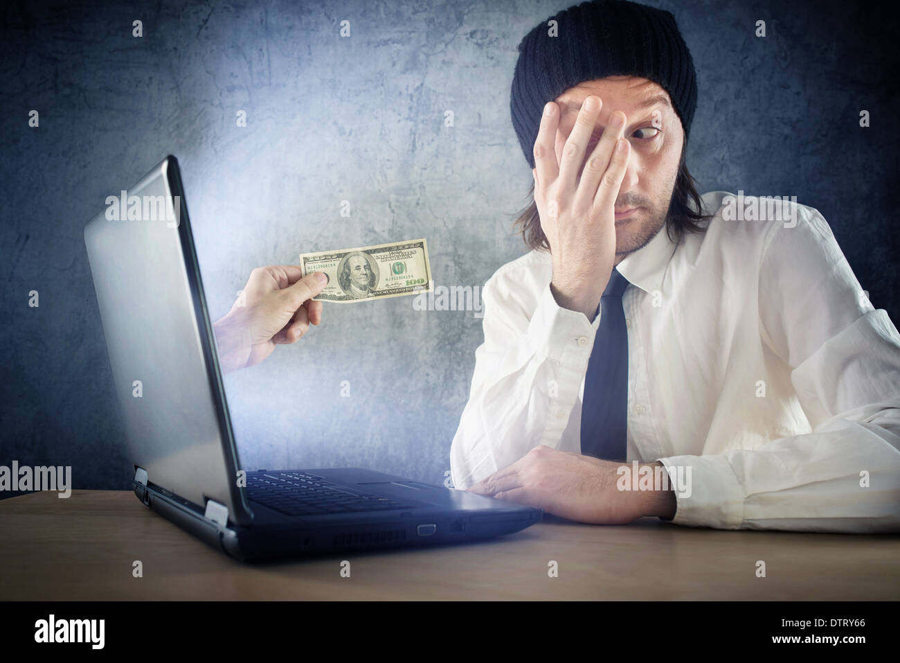 On line money funds, surprised businessman receiving cash over internet. Earning money on network. Stock Photo