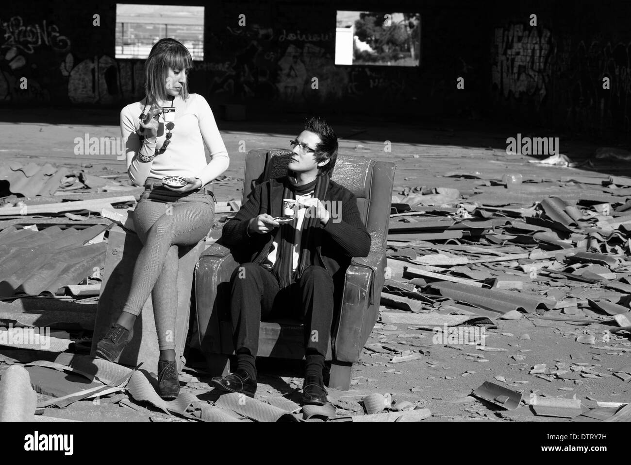 A somewhat different tea time among ruins Stock Photo