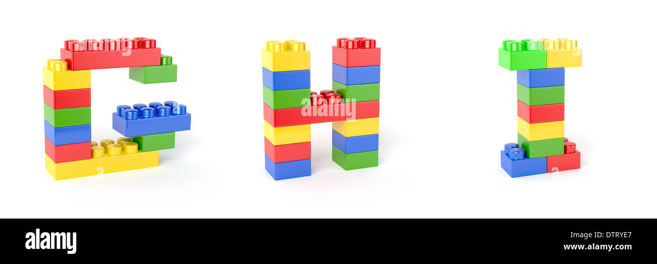 3d render of brick blocks colorful letters alphabet. Education concept. G, H, I Stock Photo