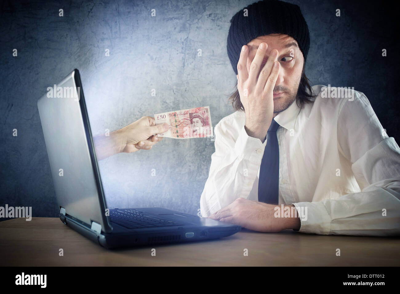 Online money funds, surprised businessman receiving cash over internet. Earning money on network. Stock Photo