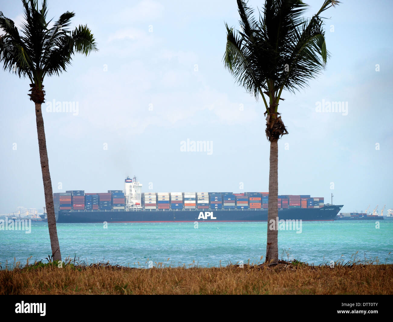 APL container ship moored near Lazurus Island, Singapore's southern island. Stock Photo
