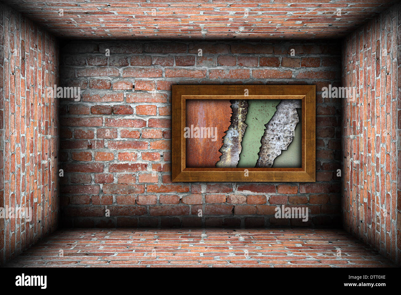 painting frame with weathered textures on grungy brick wall Stock Photo