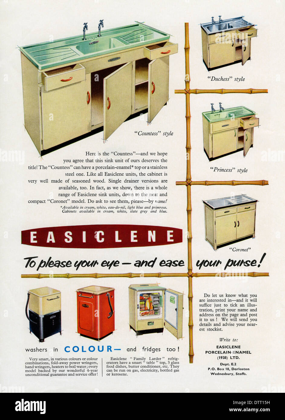 Old advert for Easiclene (easy clean) kitchen sink units and appliances. The advert appeared in a magazine in 1956 Stock Photo