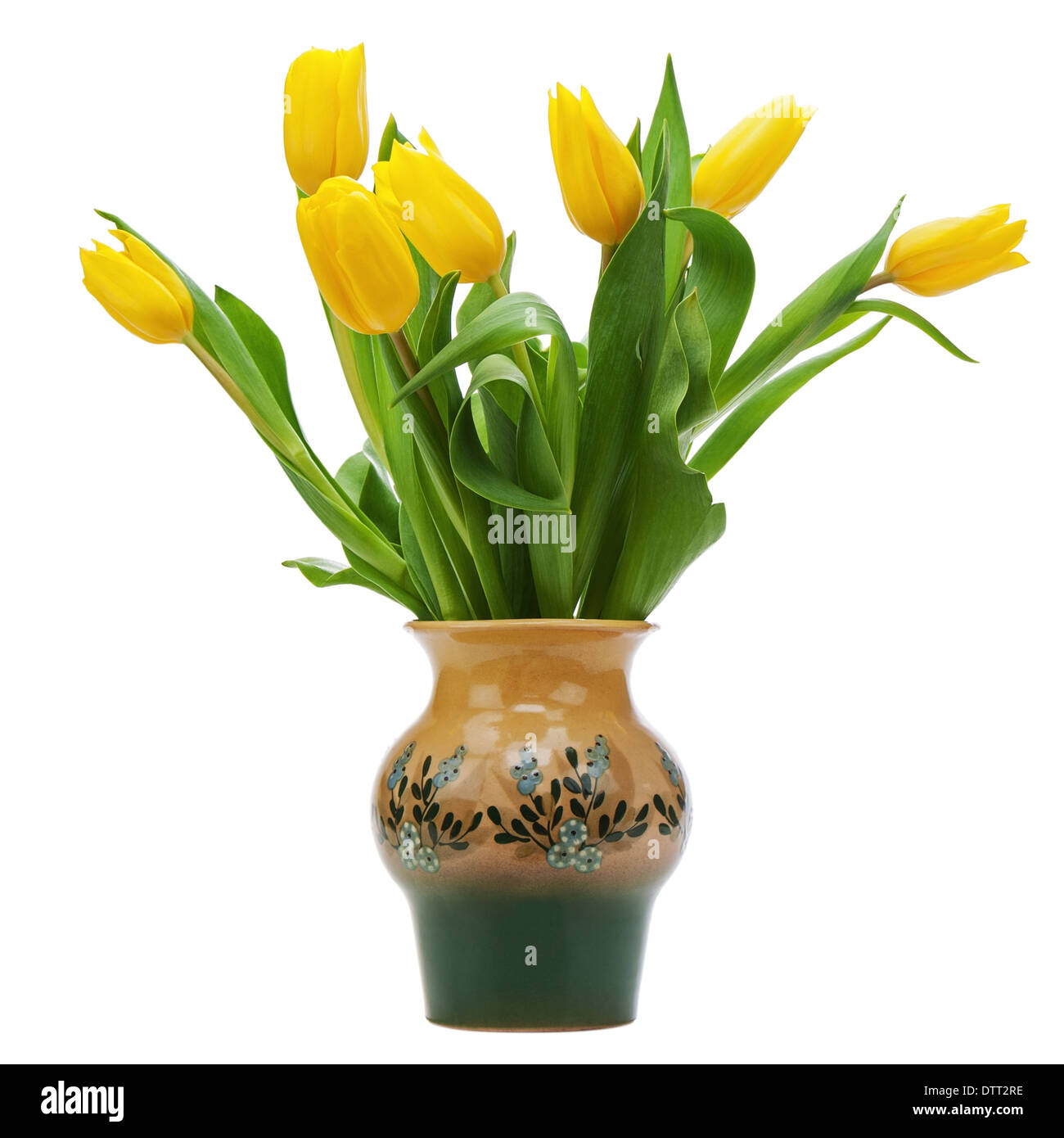 Flower bouquet from yellow tulips in vase isolated on white background ...