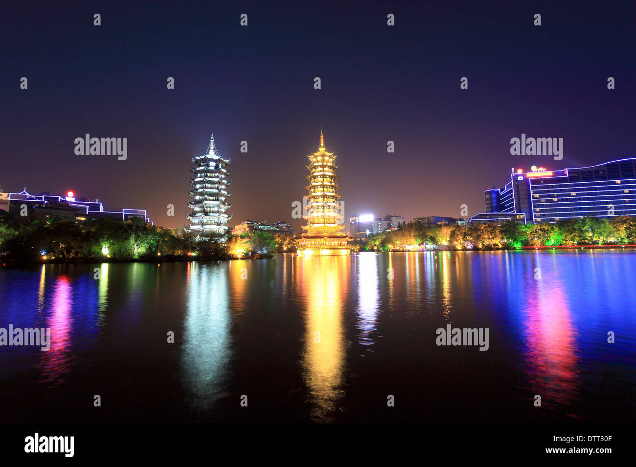 twin pagodas in guilin at night Stock Photo