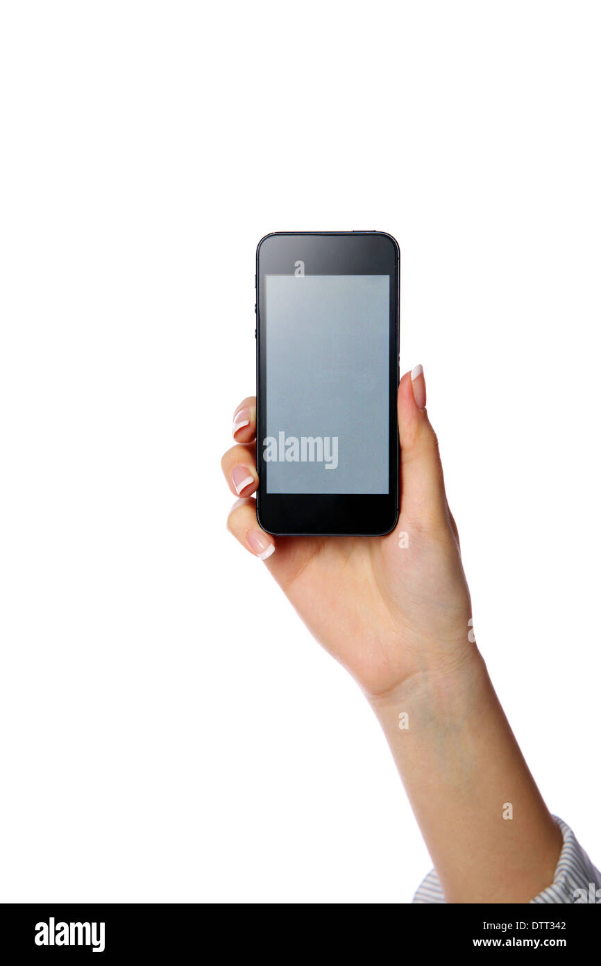 Closeup portrait of a female hand holding smartphone isolated on white ...