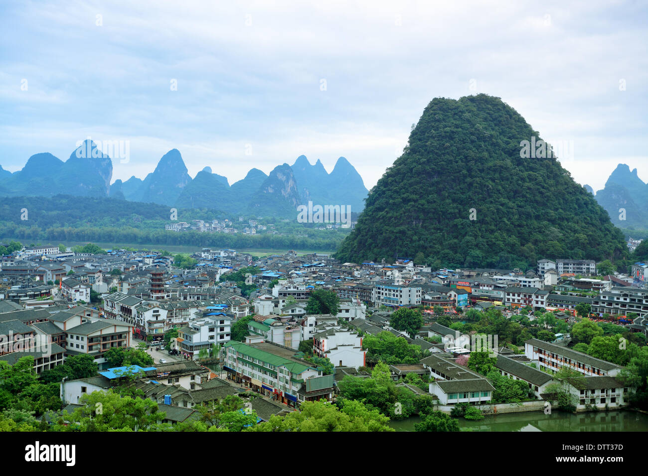 overlooking the yangshuo county town Stock Photo