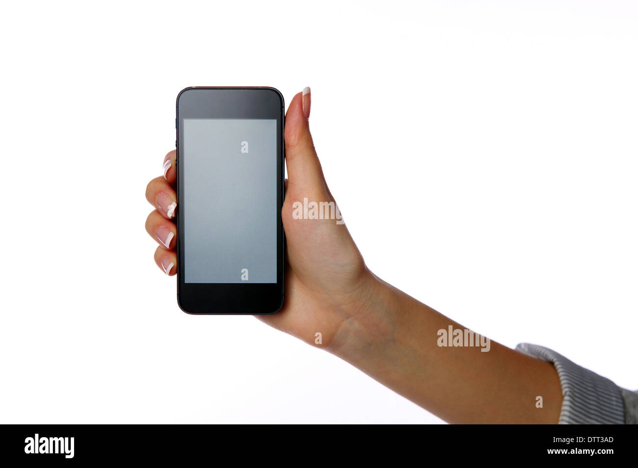 Closeup portrait of a female hand holding smartphone isolated on white ...