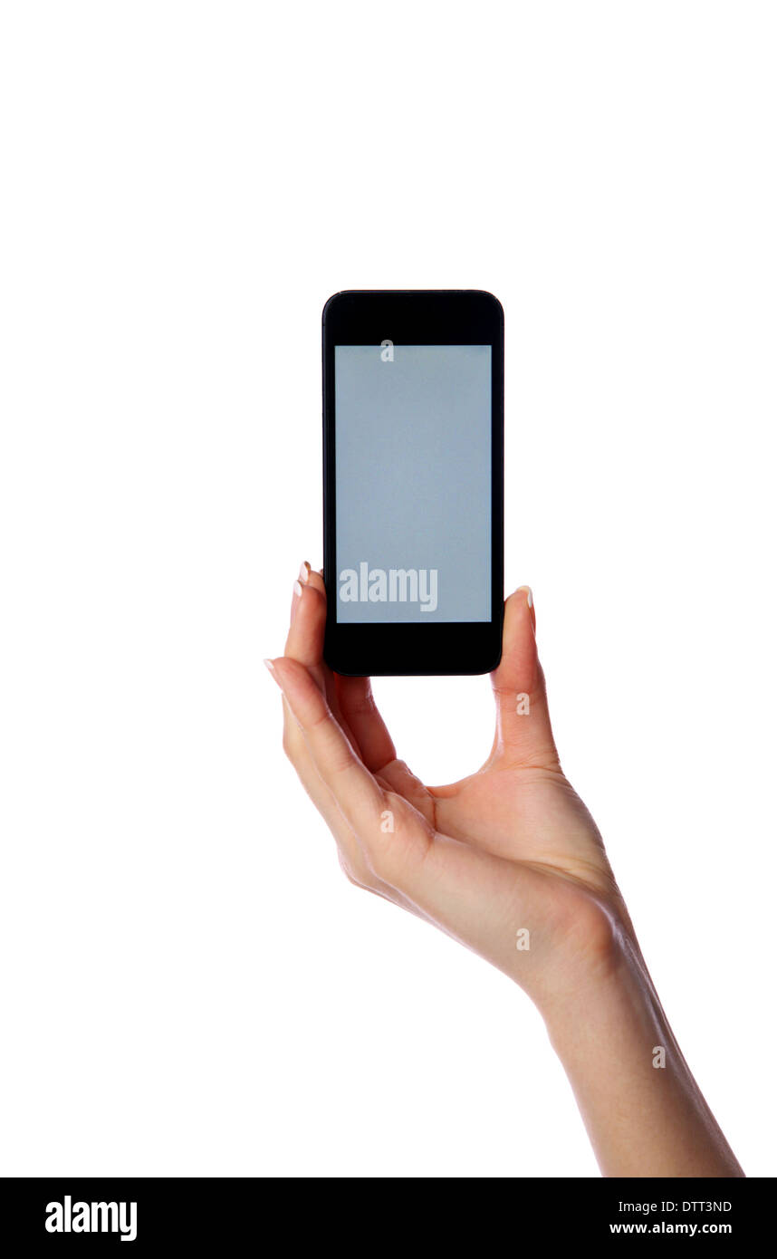 Closeup portrait of a female hand holding smartphone isolated on white ...