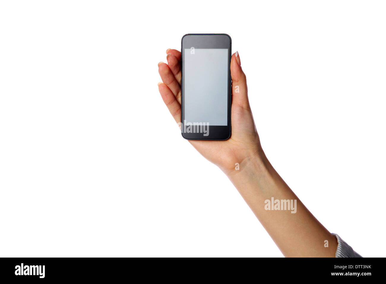 Closeup portrait of a female hand holding smartphone isolated on white background Stock Photo