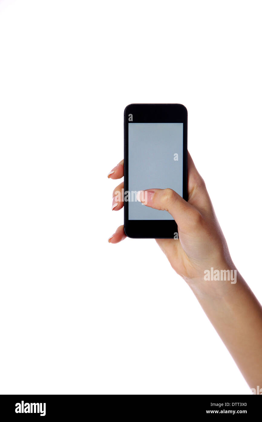 Closeup portrait of a female hand holding smartphone isolated on white ...