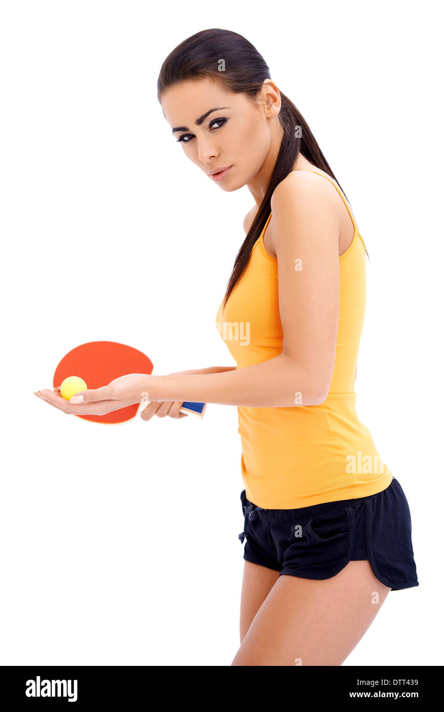 Female tabne tennis player ready to serve Stock Photo