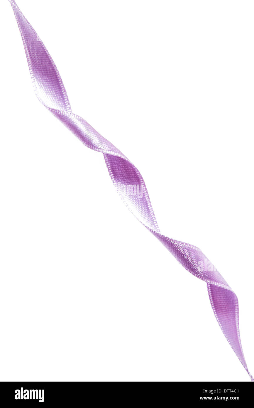 Shiny purple satin ribbon on white background with copy space Stock