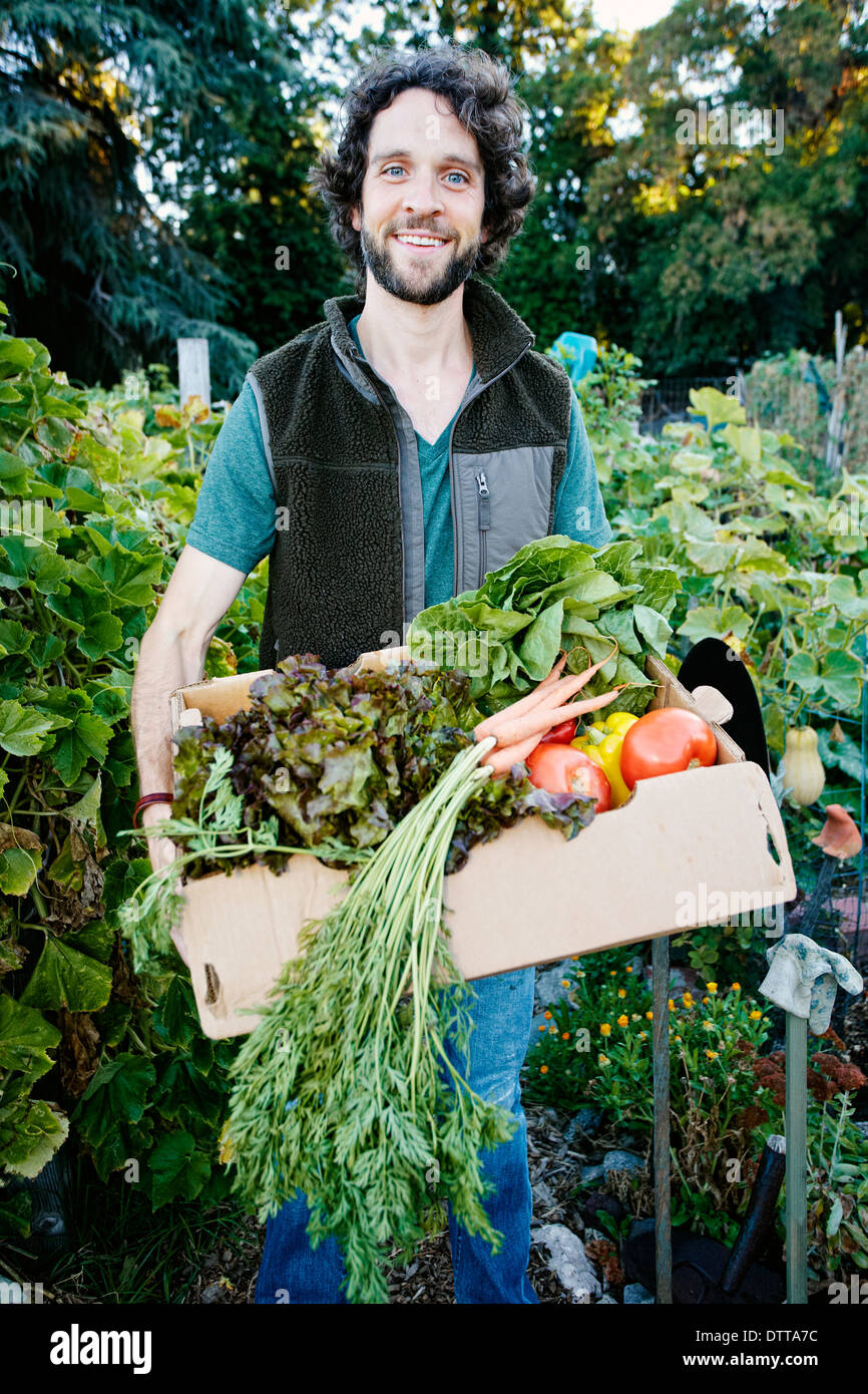 Caucasian man harvesting vegetables in garden Stock Photo