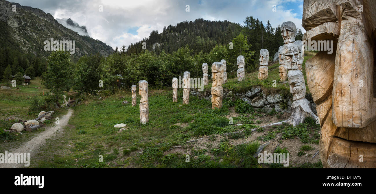 Carved totem poles on Mt. Blanc trail, Argentiere, France Stock Photo